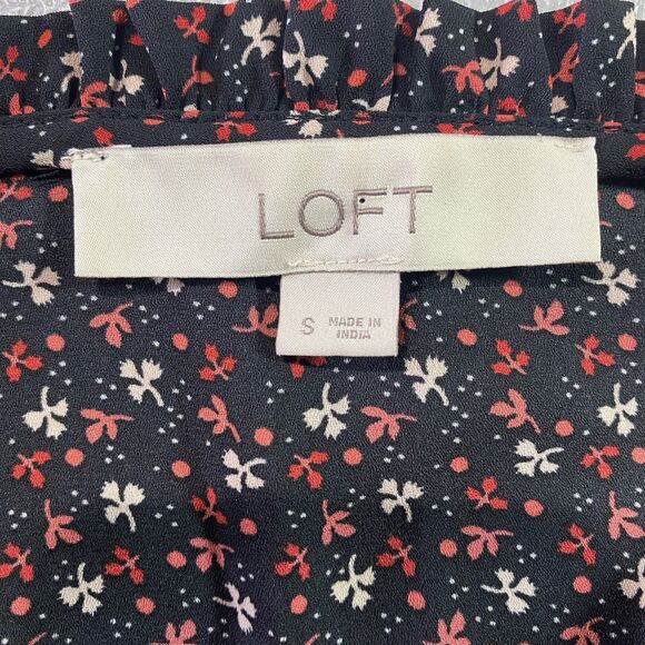 LOFT Blouse Floral Ruffle Trim V-Neck Puff Long Sleeve Pleated Womens S Black - Picture 4 of 13